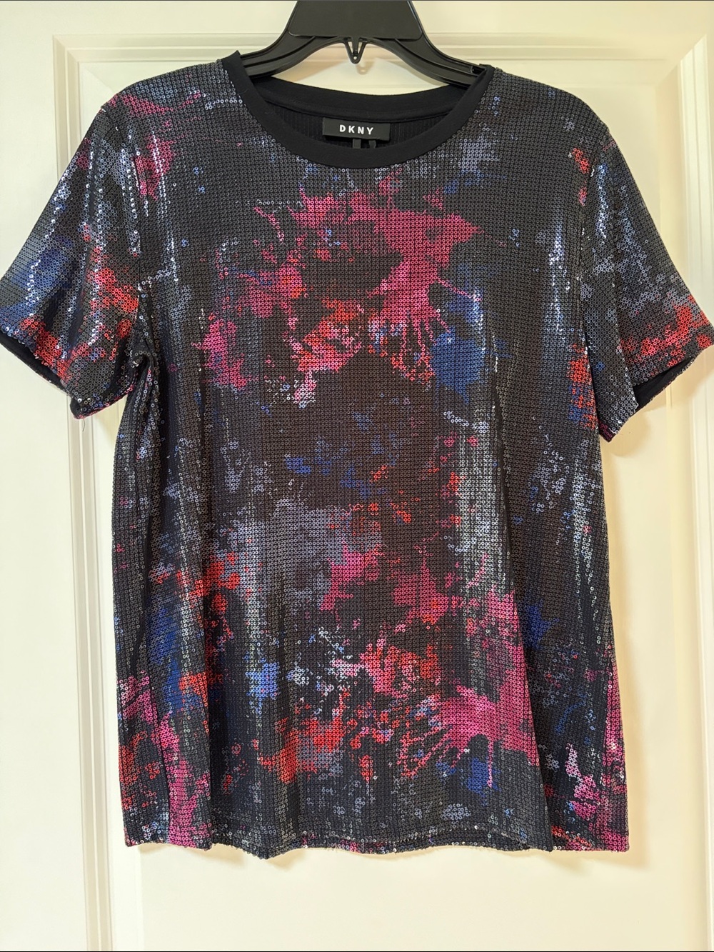 DKNY Black Sequin Short-Sleeve Top with Pink, Red and Blue Splash Print